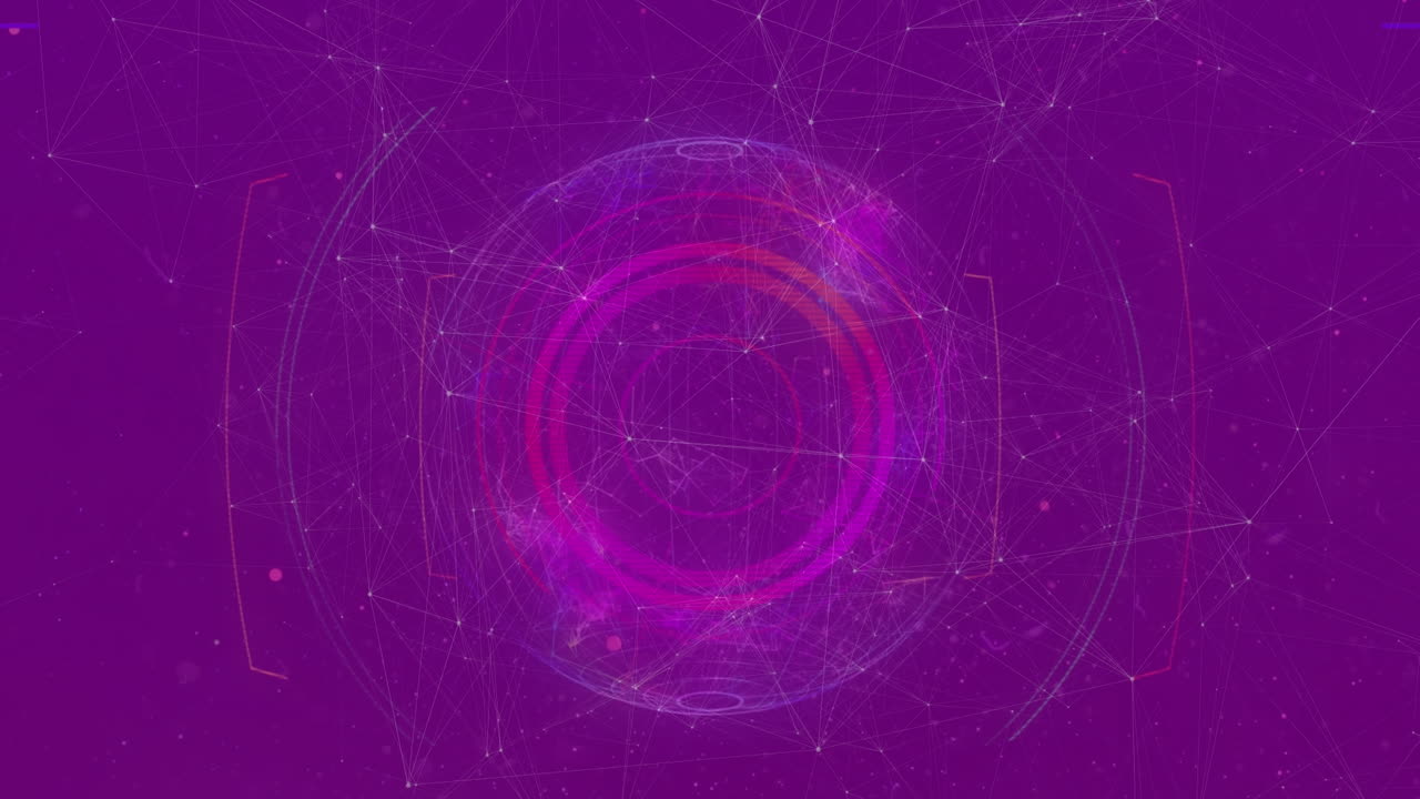 Animation of network of connections and globe over purple background