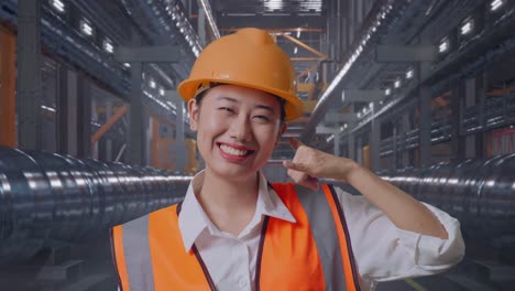 Close Up Of Asian Female Engineer With Safety Helmet Smiling To Camera And Making Call Me Gesture While Standing With Metal Pipes