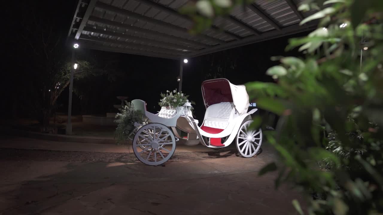 White horse-drawn carriage with floral decorations and red interior is slowly revealed under soft spotlight at night, creating a romantic and elegant atmosphere for weddings or formal celebrations