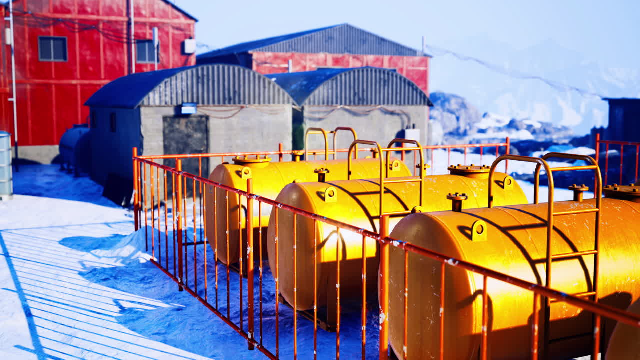 밝은 낮 동안 산업 구역에 줄지어 있는 노란색 연료 크
