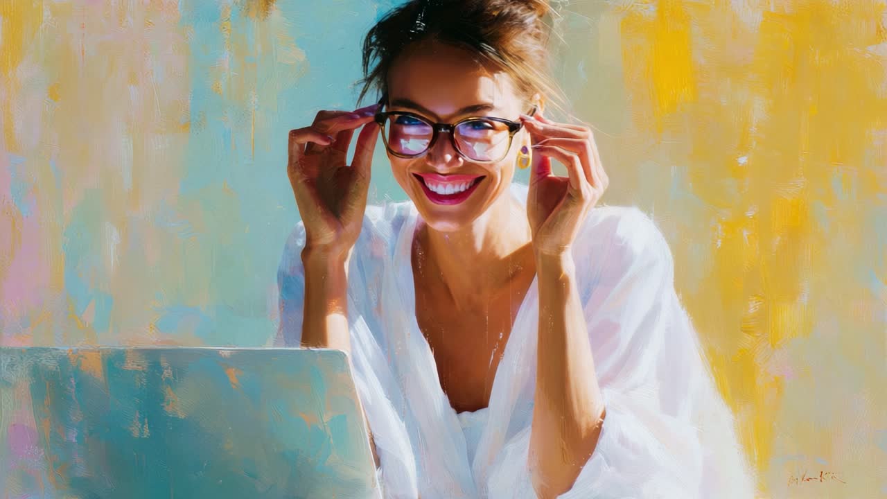 A joyful woman adjusting her glasses while sitting in front of a laptop, radiating positivity and enthusiasm in a vibrant and colorful artistic setting