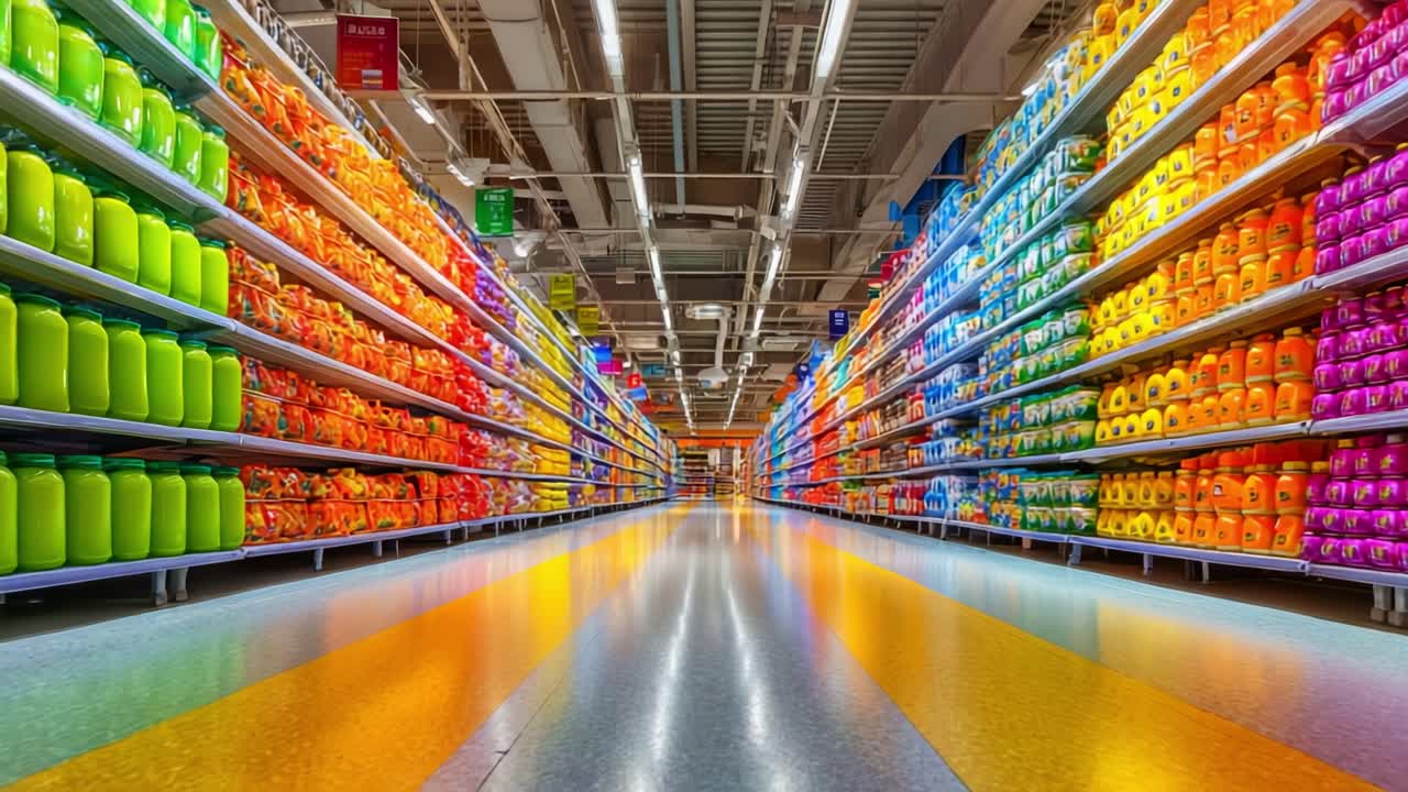 Vibrant Aisle of Colorful Cleaning Products: An Inviting Supermarket Scene Featuring Rows of Brightly Colored Bottles and Containers in a Well-Organized Retail Space
