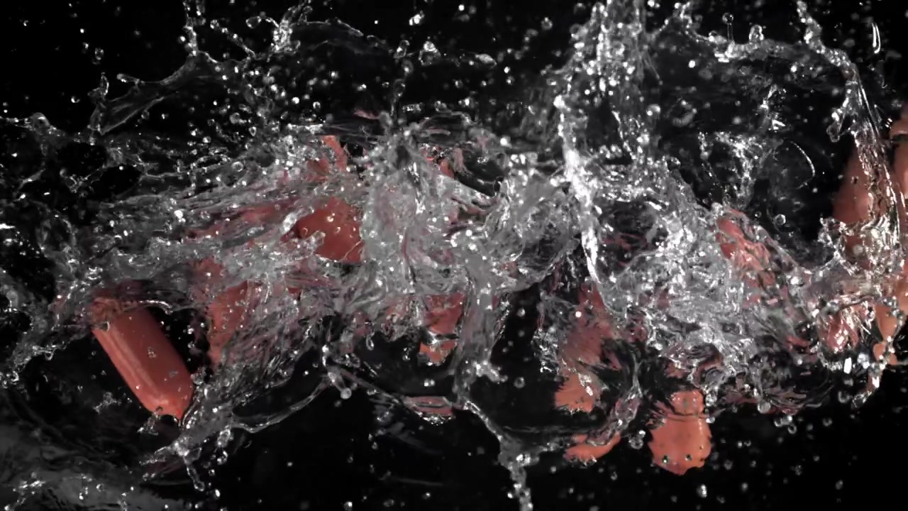 Red Sausages Splashing in Water Against a Black Background