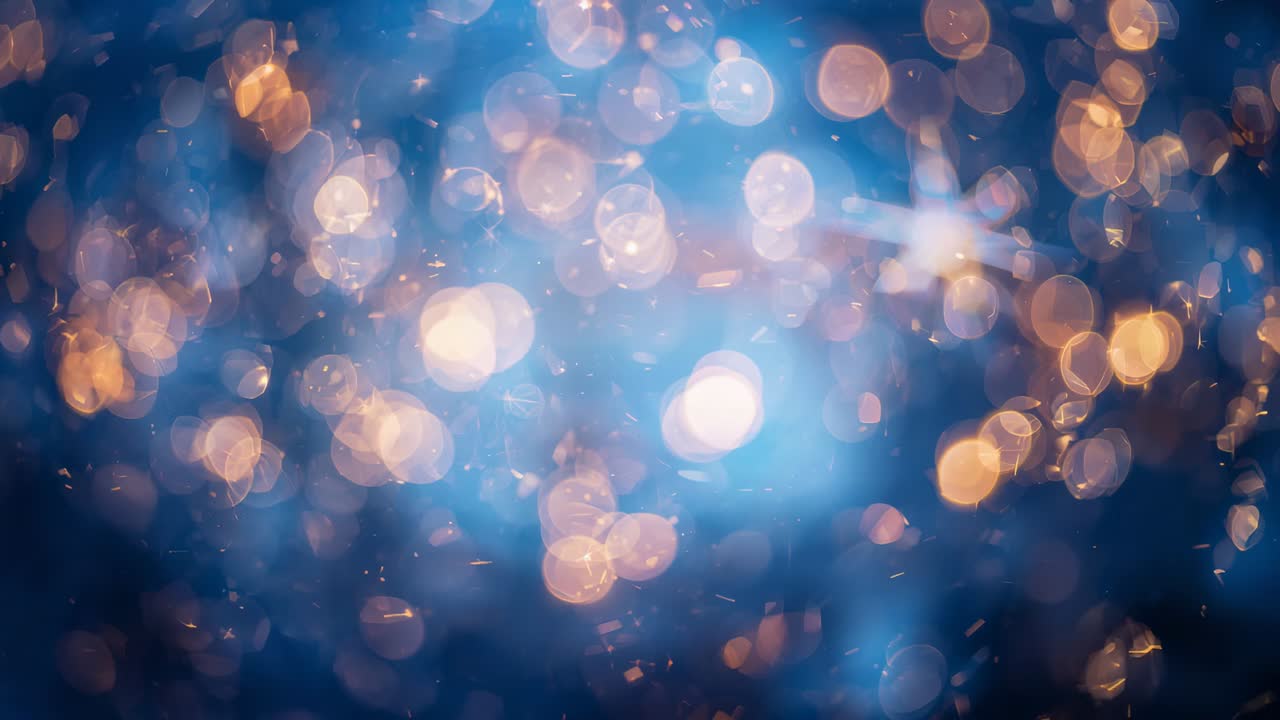 Reacting to star-shaped flare appearing right, golden bokeh shifting in studio with drifting sparks