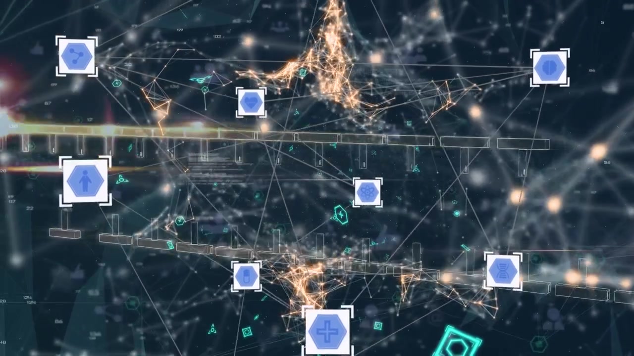 Animazione di una rete di icone digitali e di elaborazione dati su sfondo blu.