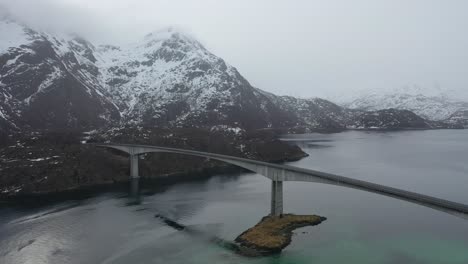 rotating movement from the lofoten road bridge towards the snow covered mountain