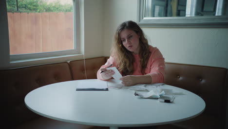 overwhelmed woman sitting at kitchen table stressed out over finances, organizing bills and receipts in daytime by window