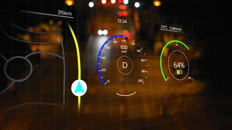 animación de la interfaz del coche wot navegación y velocímetro contra el tráfico nocturno de la ciudad.