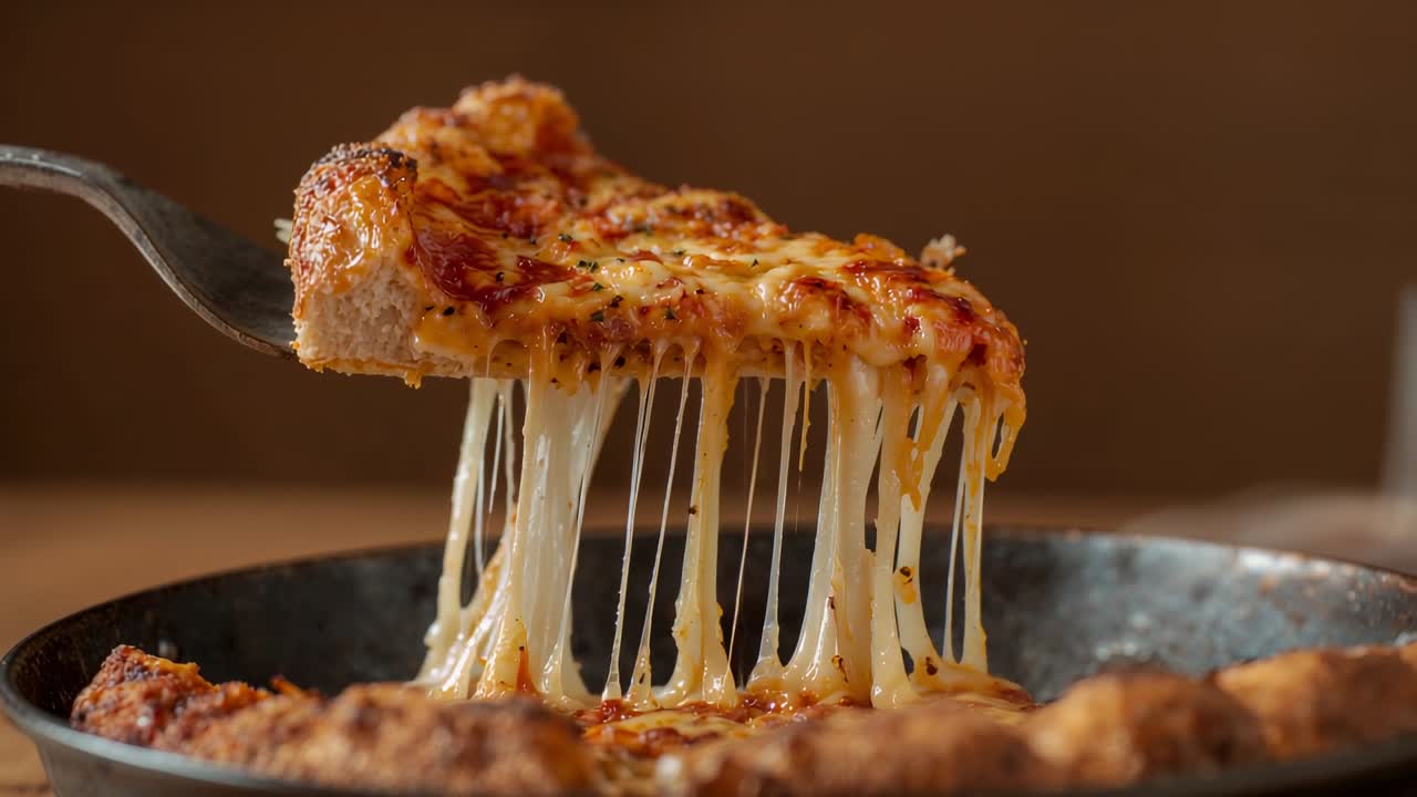 Tenedor metálico que desliza y levanta una porción de pizza con queso de una sartén sobre una mesa de madera, mostrando hebras largas.