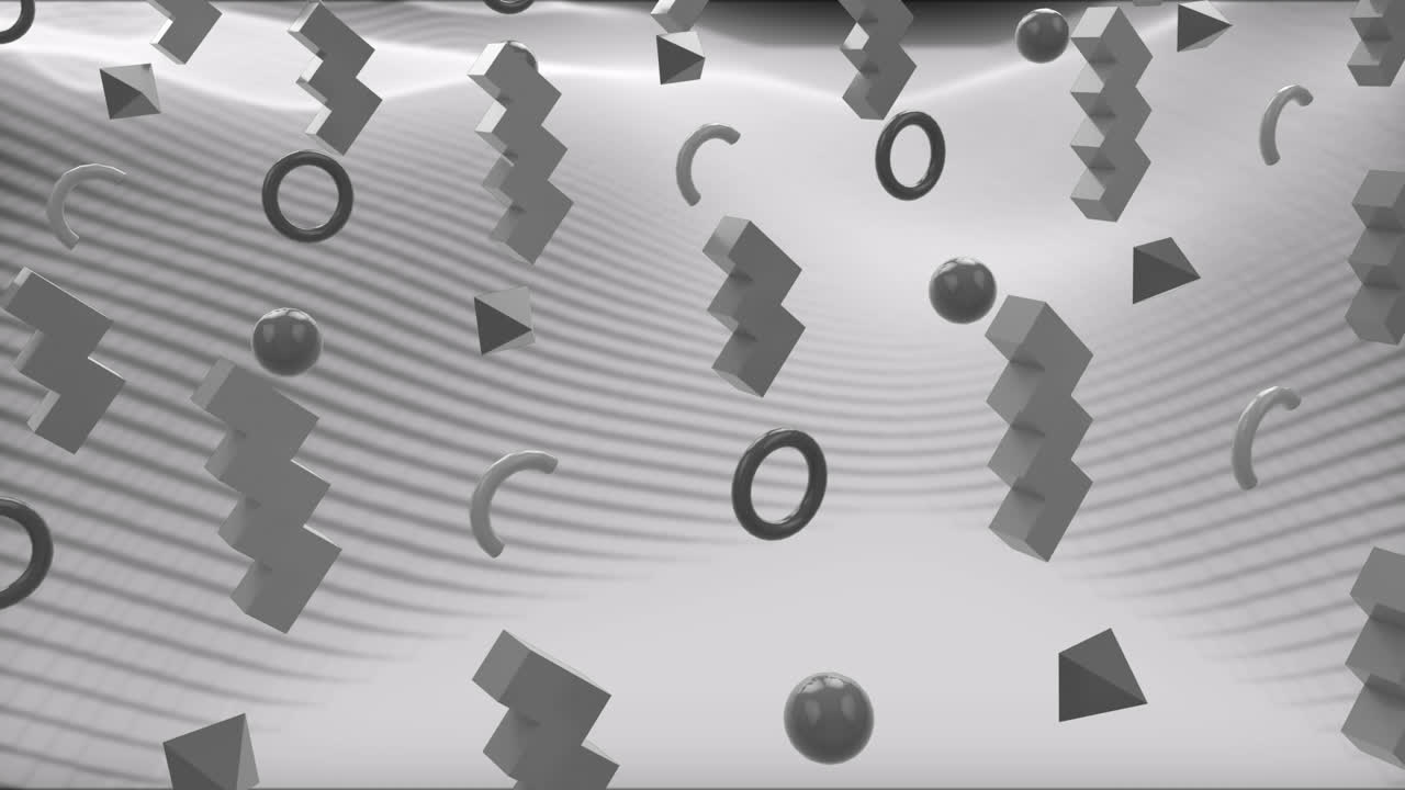 animación de diversas formas que giran sobre un fondo gris con ondas