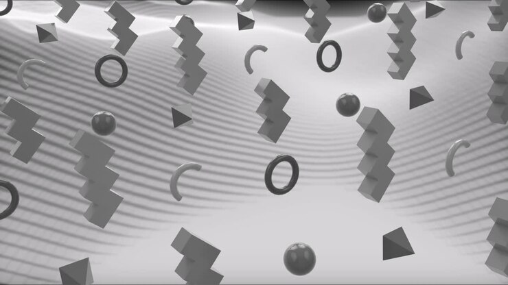 Animation of diverse shapes rotating over grey background with waves