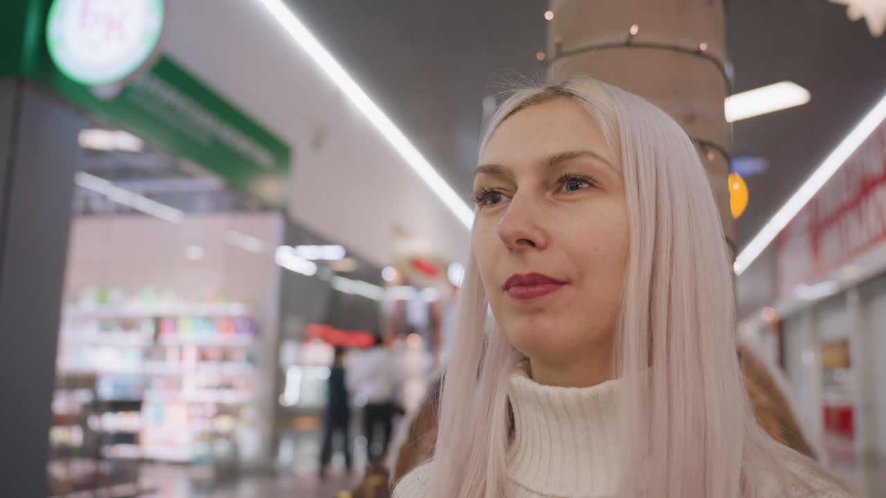 portrait of elegant woman in busy mall hallway biting chocolate bar from wrapper with delicate lavender nails, closeup of face and hand as she enjoys sweet snack against blurred mall backdrop
