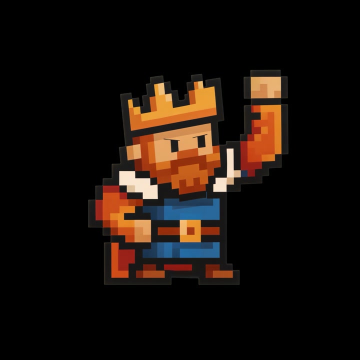 Personaggio re animato in pixel art che celebra la vittoria