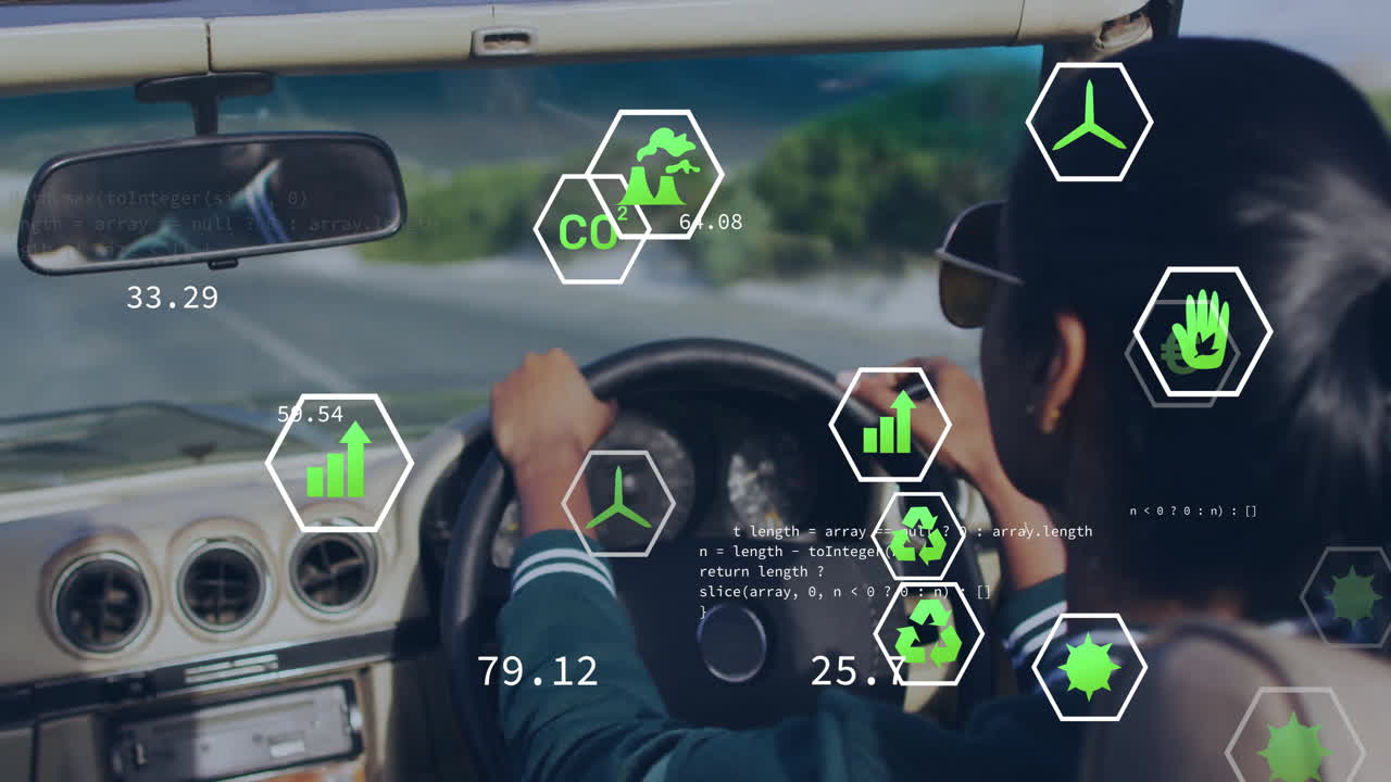 자동차를 운전하는 두 인종의 여성에 대한 생태 아이콘의 애니메이션