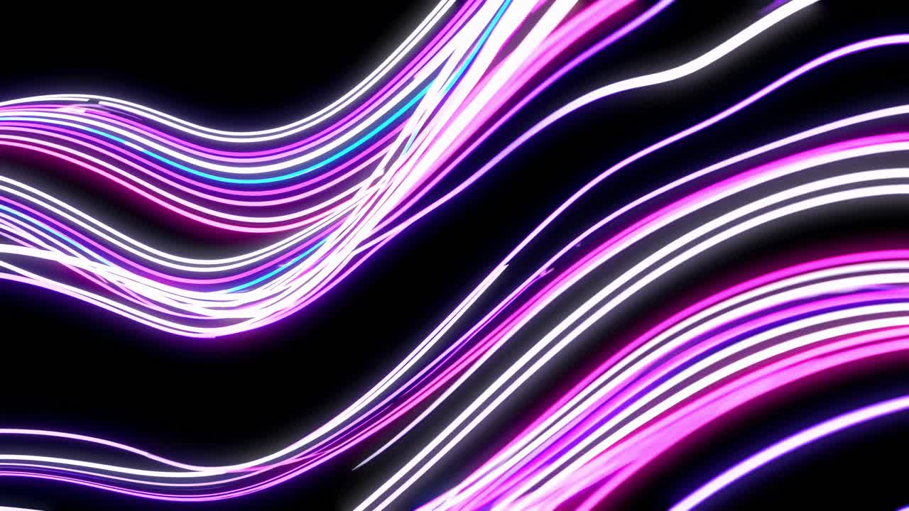 líneas de neón que fluyen dinámicamente, generando un patrón de onda contra un fondo negro, creando una experiencia visual luminosa y futurista con corrientes de colores vibrantes