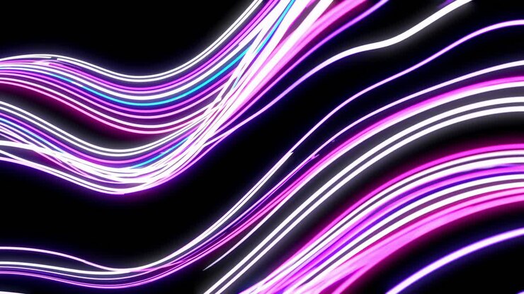 Neon lines flowing dynamically, generating wave pattern against black background, creating luminous, futuristic visual experience with vibrant color streams