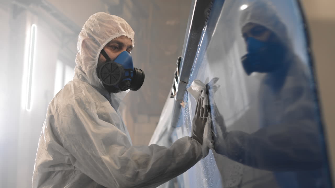 Worker Wearing Protection Wiping Surface