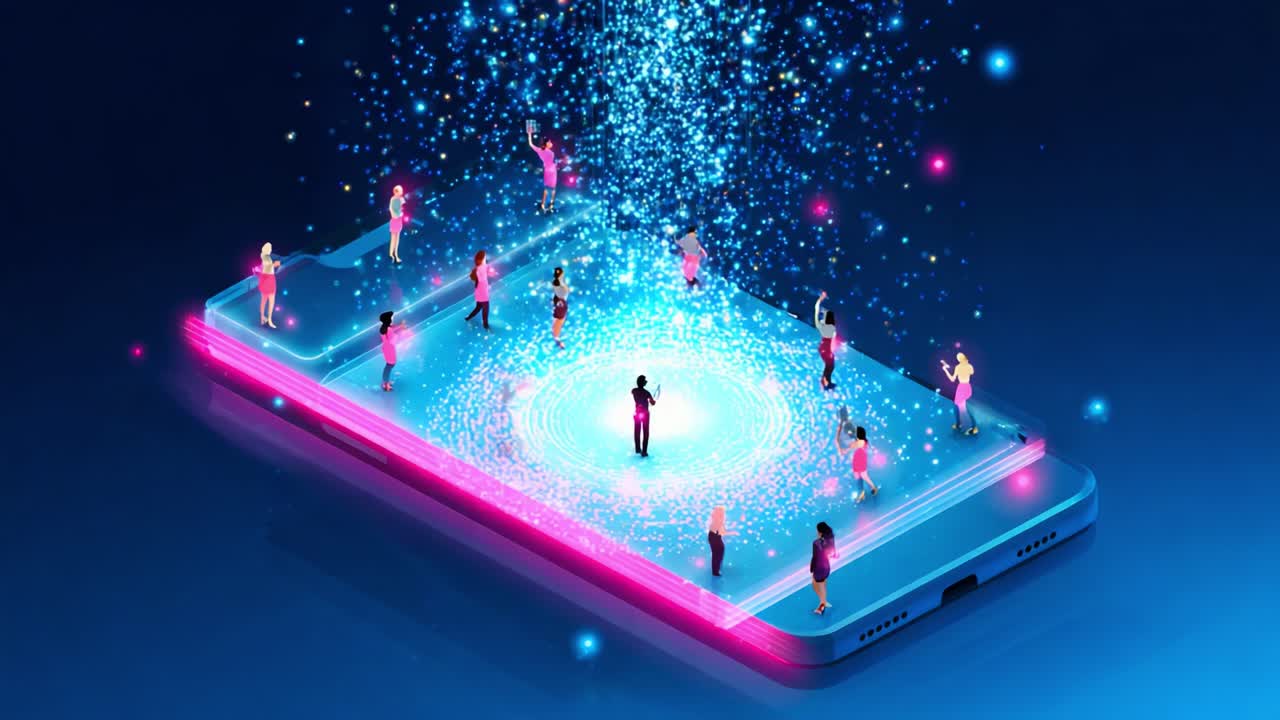 A Spectacular Digital Showcase Unfolds on a Smartphone, Featuring Stunning Visuals and Performers in Vibrant Outfits, Merging Reality with Imagination in a Dazzling Display