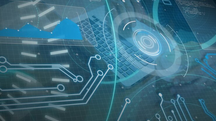 Animation af databehandling og 5G-tekst over en kaukasisk mand, der bruger en bærbar computer