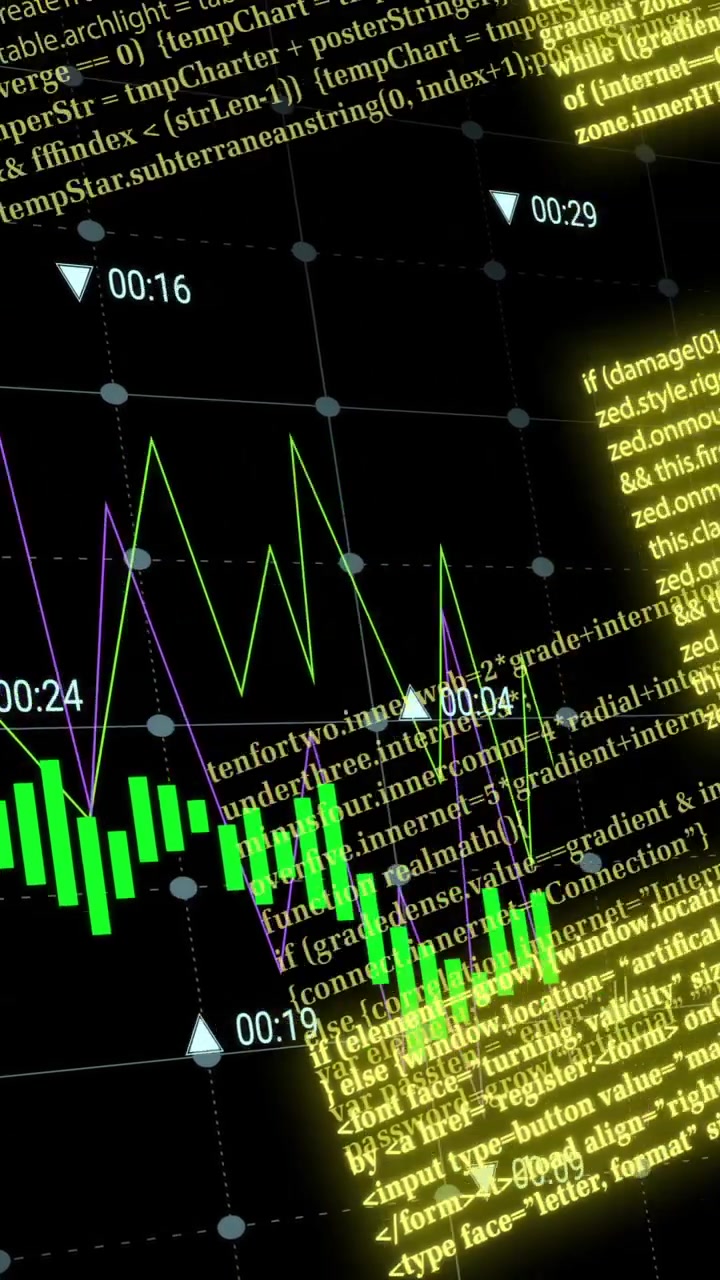Animation of financial data processing over black background