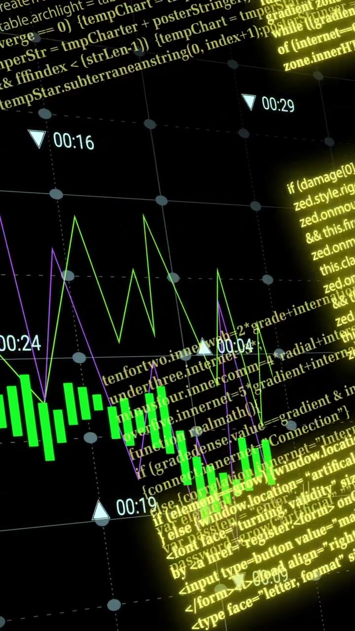 Animation of financial data processing over black background