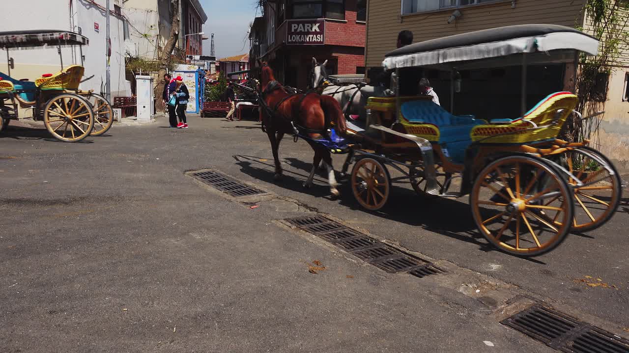 Horse-drawn carriages on a bustling street