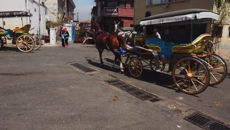 horse-drawn carriages on a bustling street
