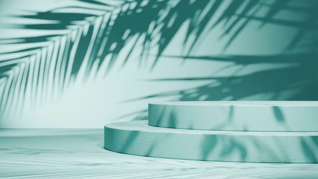 Minimal round podium with tropical palm leaf shadows on green background. Natural sunlight overlay in studio setting. Botanical and product display mockup. Design for banner, postcard.