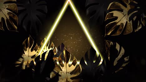 Animation-Von-Goldenen-Tropischen-Blättern-Mit-Gelbem-Neondreieck-Auf-Braunem-Hintergrund