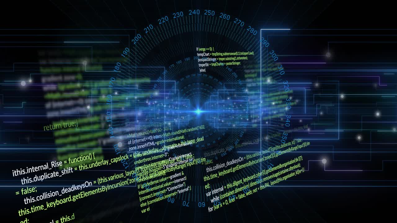 Central glow initiating code streaming over void grid, rotating panels into cube visualizing data