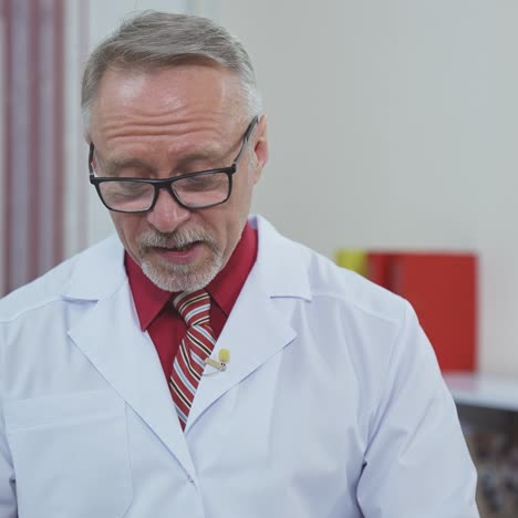 doctor in glasses with a cellphone in hands. medical specialist in white gown talking to someone in medical office.