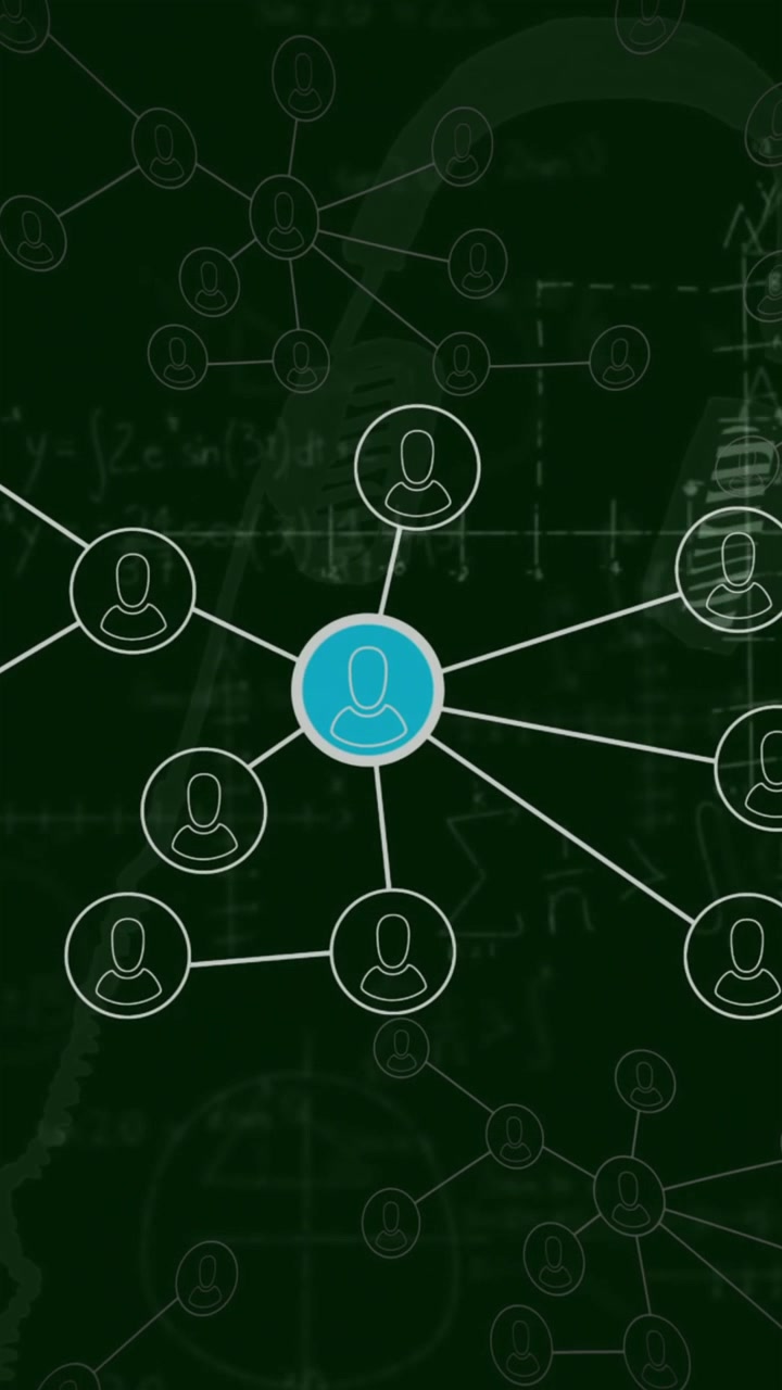 Animation of network of profile icons and mathematical equations on green background