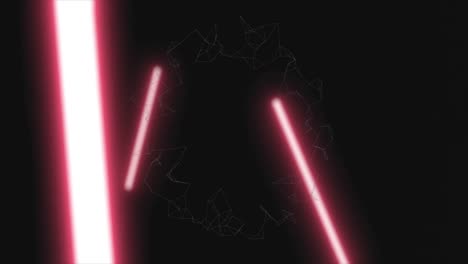 animation of spinning connections over glowing pink neon stripes