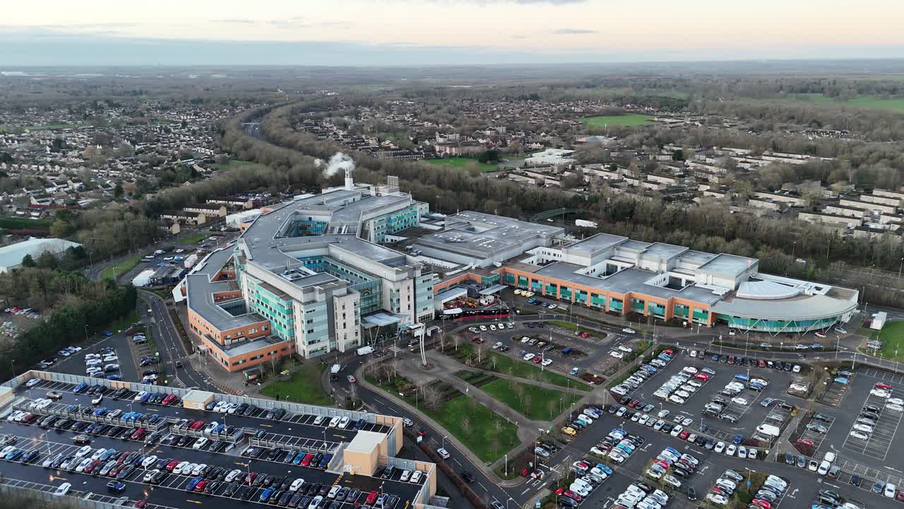 Peterborough city hospital UK establishing aerial shot
