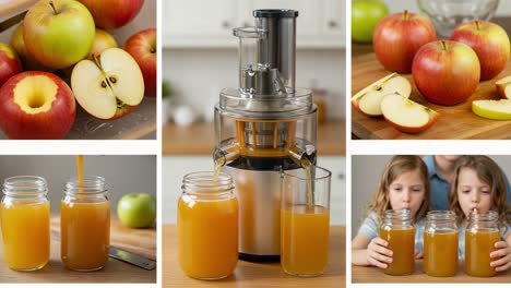 freshly made apple juice: a fun and healthy beverage experience for kids with juicer, apples, and flavorful juices in beautiful glass jars