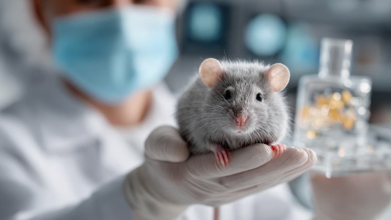 A close-up view of a laboratory mouse held in a scientist's gloved hand, showcasing the animal's features while emphasizing the sterile environment of scientific research