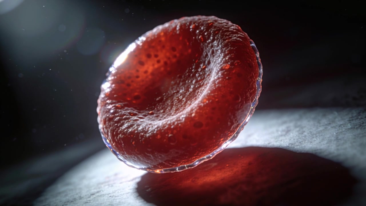 Rotating red blood cell reacting to upper-left light, rocking under scope, revealing pores on slide