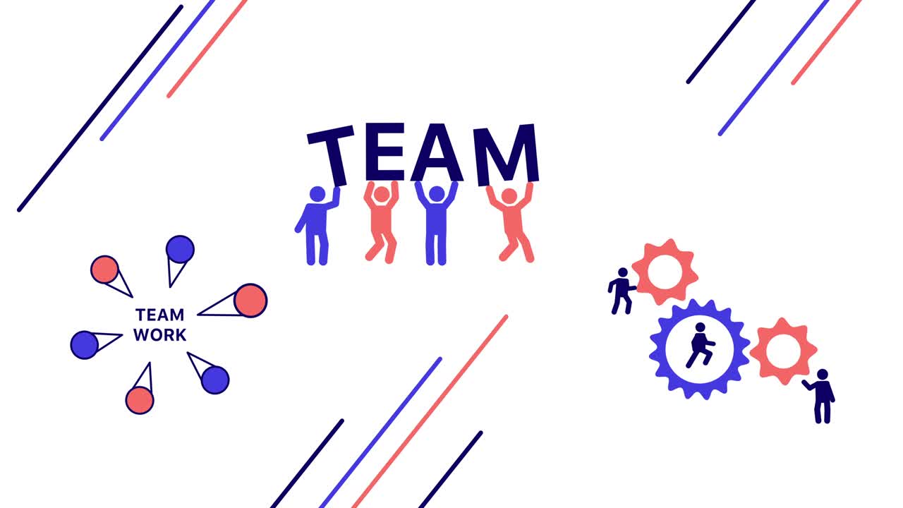 만화 인간 아이콘의 4k 비디오는 평평한 스타일로 단어 팀을 들고 있습니다.