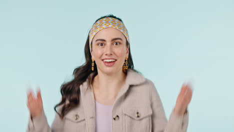 face, doubt and confused woman shrug in studio