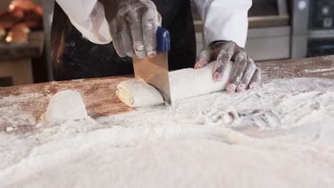 portrait of happy diverse bakers working in bakery kitchen in slow motion
