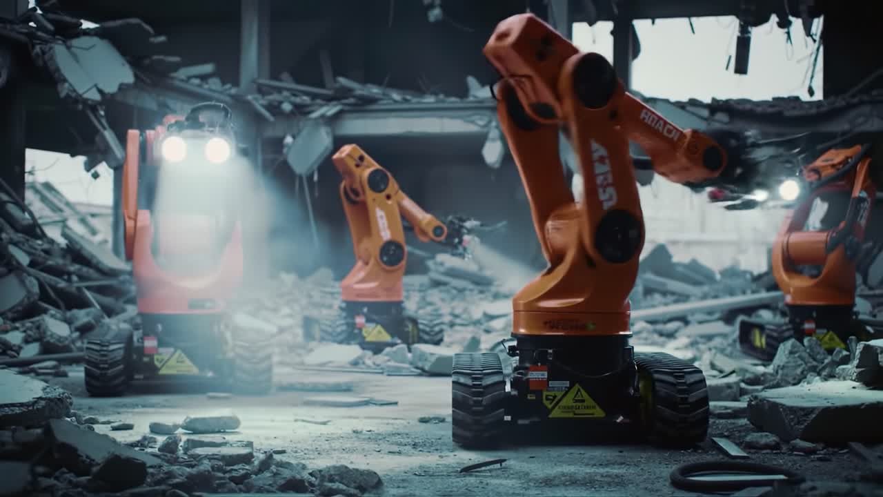 Innovative Demolition Robots Navigate Debris in a Ruined Structure, Showcasing Advanced Technology and Precision Engineering for Urban Rehabilitation Operations