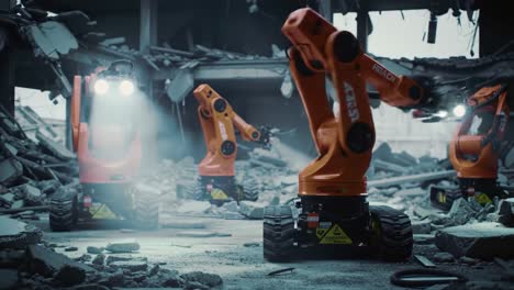 innovative demolition robots navigate debris in a ruined structure, showcasing advanced technology and precision engineering for urban rehabilitation operations