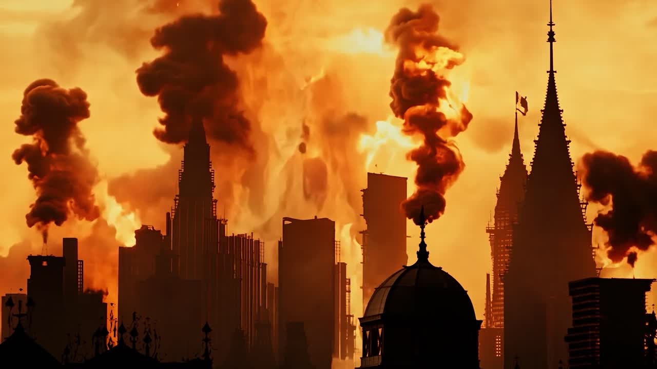 una puesta de sol ardiente ilumina una silueta del horizonte de una ciudad, creando una escena dramática y apocalíptica