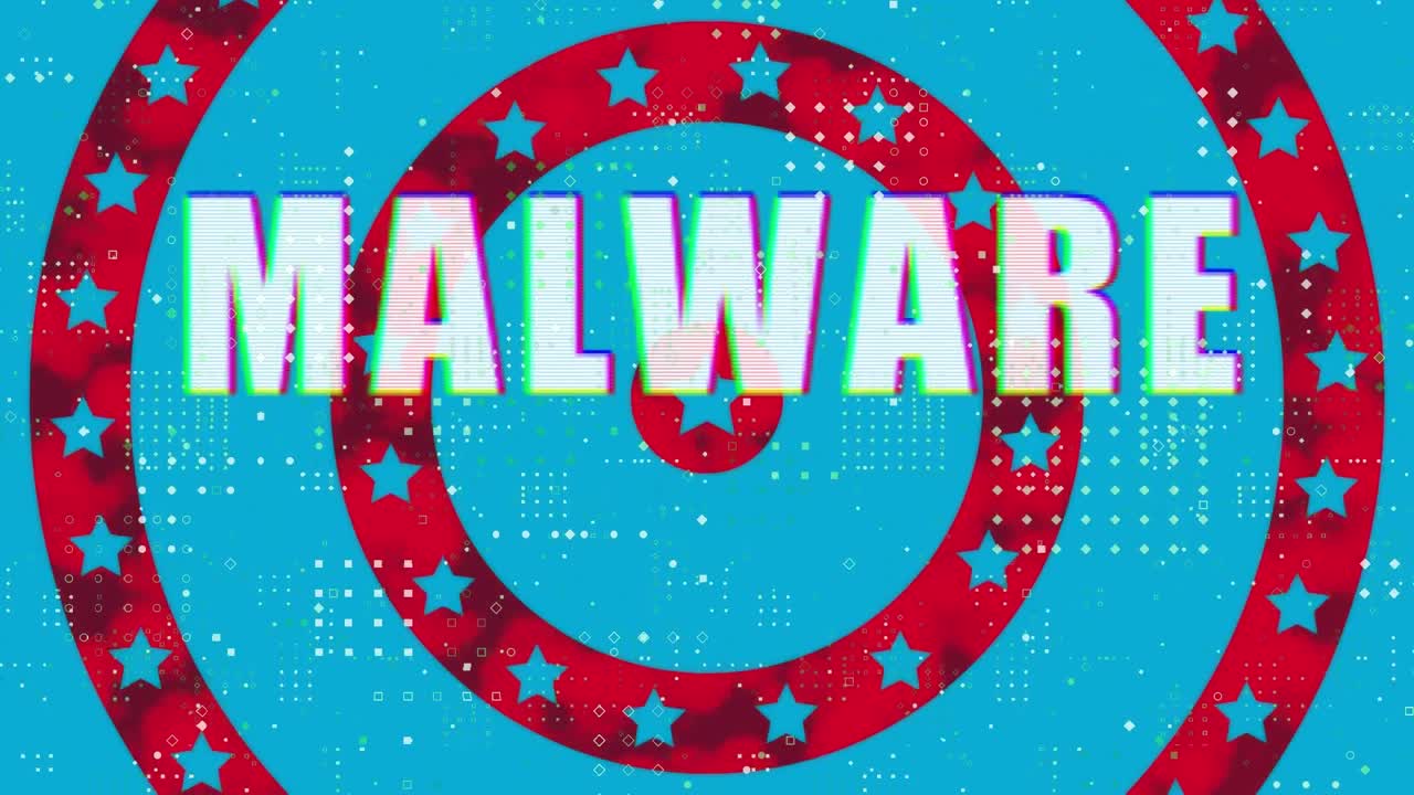 patrón de puntos y texto de malware contra estrellas en círculos giratorios sobre fondo azul