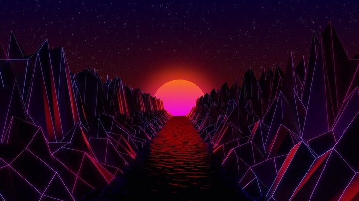 3D Computer generated synthwave landscape with mountains and river - straight moving camera