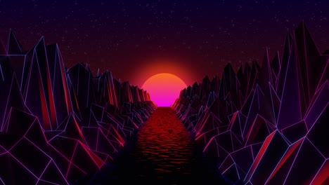 3d computer generated synthwave landscape with mountains and river - straight moving camera