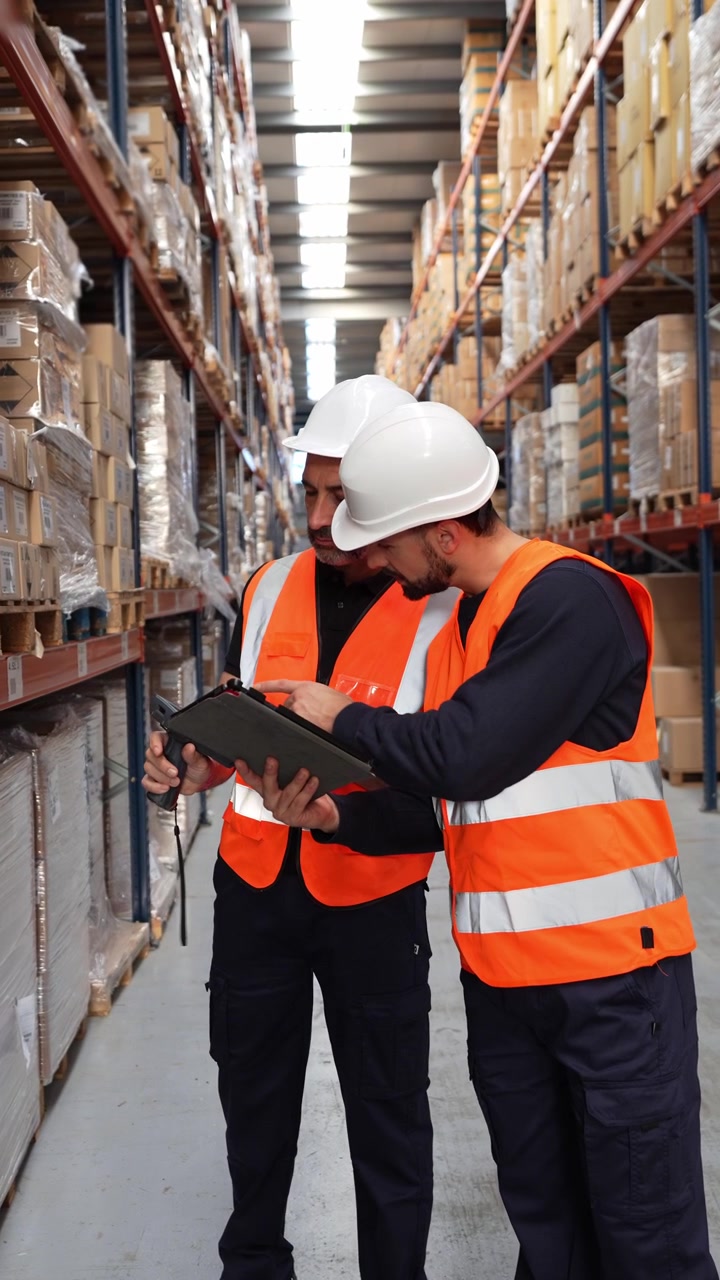 Operai di magazzino che utilizzano scanner di codici a barre e tablet per la gestione dell'inventario