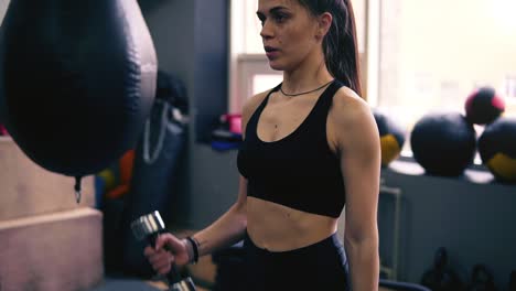 Footage-of-an-athletic-female-brunette-working-out-with-dumbbells.-Healthy-lifestyle,-fitness.-Indoors-footage.