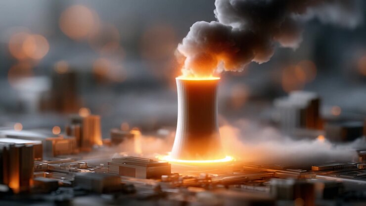Intense Radiance: A Nuclear Reactor Erupting with Fiery Smoke and Light, Symbolizing Energy, Danger, and Technology in a Dynamic Urban Landscape