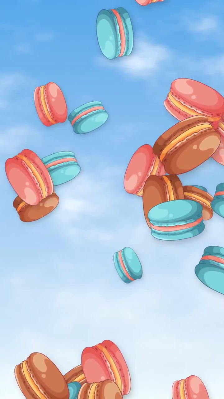 Vibrant pink, blue, and brown macarons fall vertically against a sunny blue sky background.